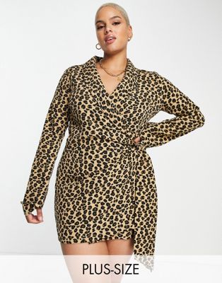 Never Fully Dressed Plus blazer wrap mini dress in leopard print Never Fully Dressed Plus