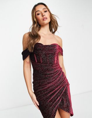 Бордовое бархатное платье миди с открытыми плечами с блестками Lavish Alice LAVISH ALICE