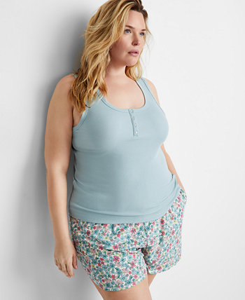 Plus Size Ribbed Henley Sleep Tank Top, Created for Macy's State of Day