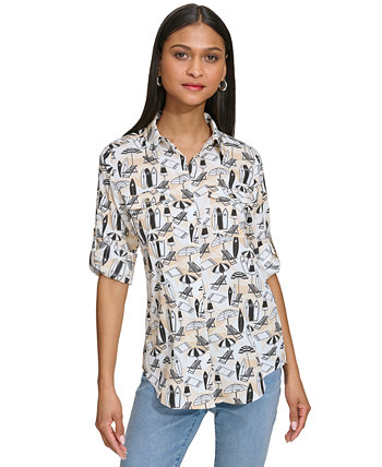 Women's Whimsical-Print Roll-Tab Button-Front Top Karl Lagerfeld Paris