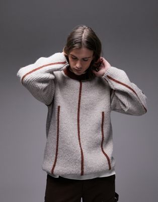 Коричневый свитер с круглым вырезом и контрастными швами Topmam TOPMAN