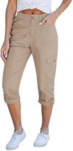 GRAPENT Cargo Capri Pants for Women High Waisted Relaxed Fit Elastic Knit Waist Casual Capris Trousers Cropped Pants Grapent