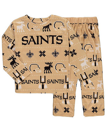 Preschool Boys and Girls Vegas Gold New Orleans Saints Allover Print Long Sleeve T-shirt and Pants Holiday Pajamas Sleep Set Outerstuff