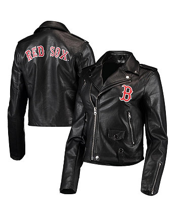 Женская черная байкерская куртка Boston Red Sox из искусственной кожи с молнией во всю длину The Wild Collective