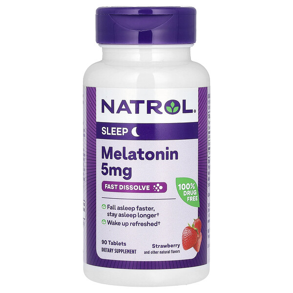 Мелатонин, Быстрорастворимый, Экстра сила, Клубника, 5 мг, 90 таблеток - Natrol Natrol