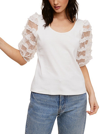 Ribbed Knit Top With Ruffle Mesh Puff Sleeve Fever