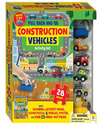 Pull Back And Go Construction 28 предметов напольная головоломка игровой коврик раскраска и книга для занятий 6 Pull And Go Cars Activity Set для детей Hinkler