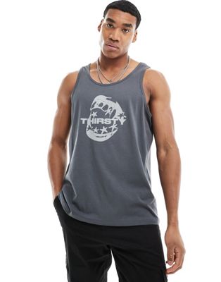 ASOS DESIGN relaxed tank top in dark gray with mouth text print  ASOS DESIGN