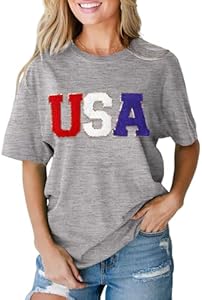 BOUTIKOME USA Shirts for Women 4th of July Sequin Glitter Patch T-Shirt Chenille Independence Day Tee Patriotic Tops Boutikome