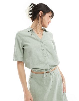 Vero Moda short sleeve cropped linen mix shirt in sage green - part of a set VERO MODA