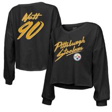 Женские нитки Majestic T.J. Укороченная футболка Watt Black Pittsburgh Steelers с именем и номером и открытыми плечами, длинными рукавами и V-образным вырезом Majestic Threads