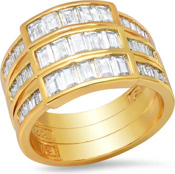 Позолоченное 18-каратное позолоченное кольцо из нержавеющей стали с имитацией бриллианта в форме багета HMY Jewelry