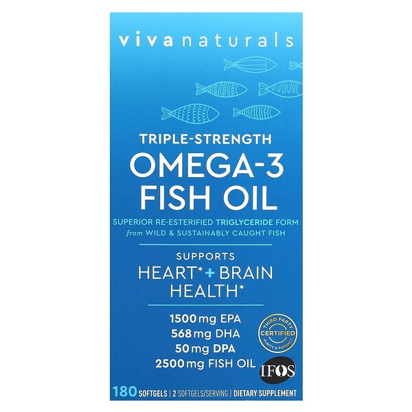 Рыбий жир с омега-3, тройной силы, 2200 мг, 180 мягких таблеток (1100 мг на мягкую таблетку) Viva Naturals