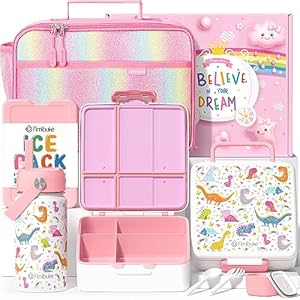 Fimibuke Kids Bento Lunch Box with 4 Compartments, Insulated lunch Bag, Stainless Steel Insulated Water Bottle, Ice Pack & Utensils Set, Unicorn Birthday Gifts for Ages 3-12 School Toddler Girls Boys Fimibuke