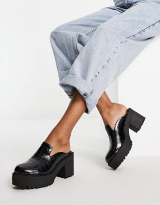 London Rebel chunky mule loafer heeled shoes in black croc London Rebel