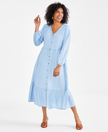 Миниатюрное многоярусное платье-рубашка из шамбре с V-образным вырезом, созданное для Macy's Style & Co