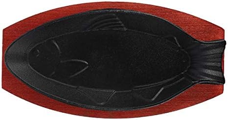 DOITOOL Small Cast Iron Skillet with Wooden Base, Creative Fish-Shaped Japanese Steak Plate Set for Restaurant Home Kitchen Cooking Pan Grilling Meats Seafood Doitool