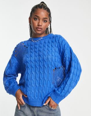 Синий рваный свитер оверсайз с открытой косой строчкой ASOS DESIGN ASOS DESIGN