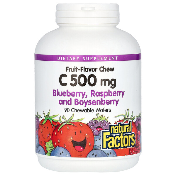 Fruit-Flavor Chew Vitamin C, черника, малина и бойзенова ягода, 500 мг, 90 жевательных вафель Natural Factors