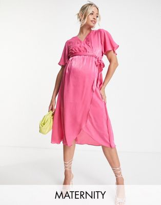 Ярко-розовое атласное платье миди с запахом и рукавами-крылышками River Island Maternity River Island Maternity