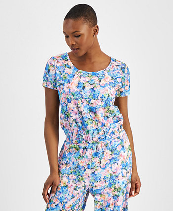 Petite Floral-Print Round-Neck Short-Sleeve Top, Created for Macy's Bar III