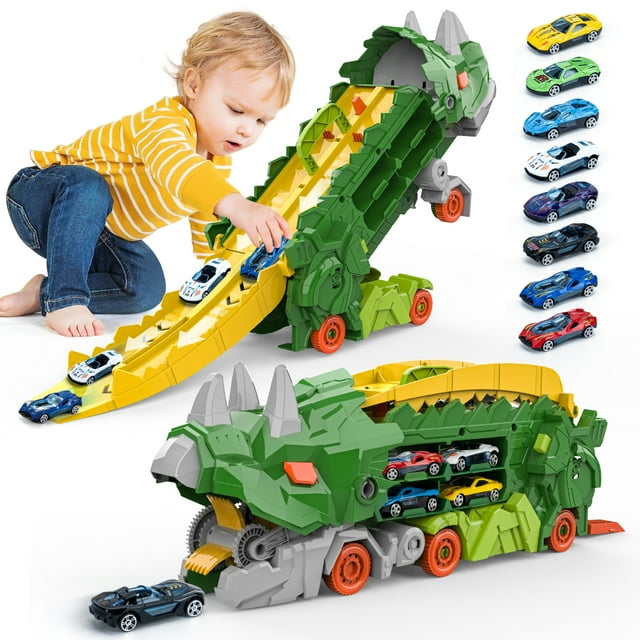 Dinosaur Truck Toddler Toys Car, Toys for 2 3 4 5 6 Years Old Boy, Big Carrier Truck with 6 Die-Cast Small Pull Back Cars and 62.5in Race Track, Car Toy Gift for 2+ Boys OROLIVING