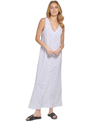 Женское полосатое макси-платье без рукавов с v-образным вырезом DKNY