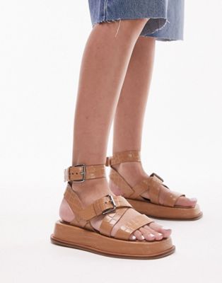Светло-коричневые кожаные массивные сандалии на плоской подошве с пряжкой Topshop Jax TOPSHOP