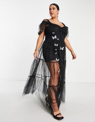 Lace & Beads Plus exclusive sheer corset 3D butterfly print embroidered dress in black Lace & Beads Plus