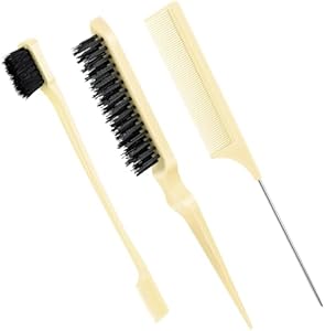 Geiserailie 3 Pcs Slick Back Hair Brush Set Bristle Hair Brush Edge Control Brush Teasing Comb for Women Black Hair(Beige) Geiserailie