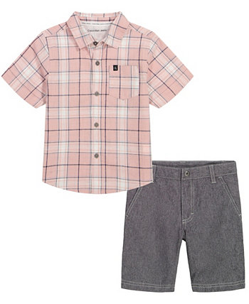 Рубашка на пуговицах с короткими рукавами в клетку и шорты из твила для мальчиков, комплект из 2 предметов Calvin Klein