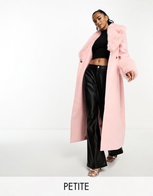 Нежно-розовое пальто макси с отделкой искусственным мехом Ever New Petite Ever New