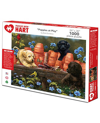 Puppies At Play By 24" x 30" Bob Giordano Set, 1000 Pieces Hart Puzzles