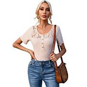 Women's Short Sleeve Henley Shirts Ribbed Button Down Scoop Neck Slim Fit Tops Ribbed Knit Blouse Clearlove