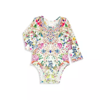 Baby Girl's Floral Bejeweled Print Long-Sleeve Bodysuit Camilla