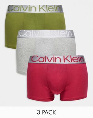 Calvin Klein steel 3-pack trunks in green, gray and pink Calvin Klein