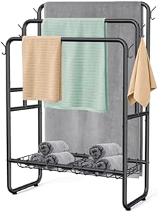 Kayfia 40" Tall Standing Towel Racks, 3 Tier Towel Stand Blanket Rack with 2 Removable Storage Baskets & 6 Hooks, Indoor Outdoor Freestanding Towel Racks for Bathroom Bedroom Organizer (Metal Black) Kayfia