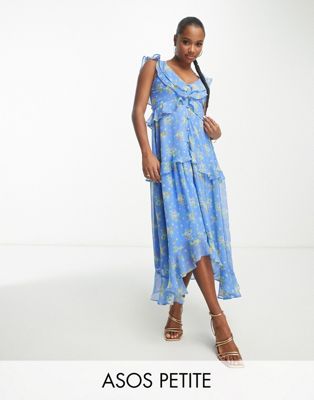  Женское шифоновое платье с V-образным вырезом и оборками ASOS DESIGN Petite в мелкий цветочек ASOS Petite