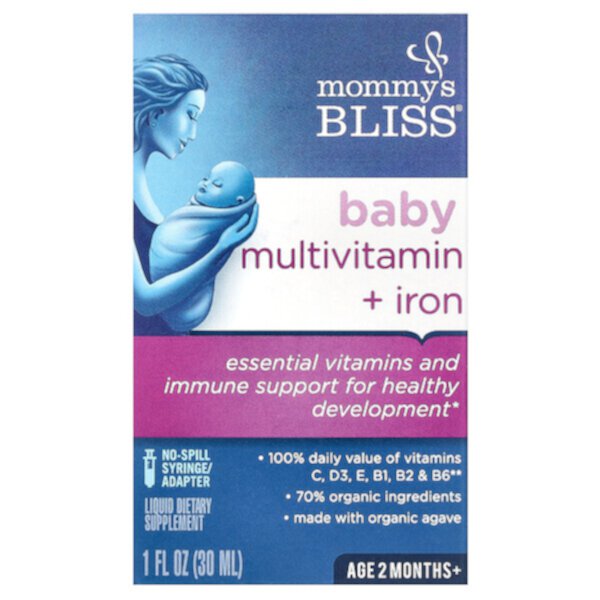Детские мультивитамины + железо, от 2 месяцев и старше, виноград, 1 жидкая унция (30 мл) Mommy's Bliss