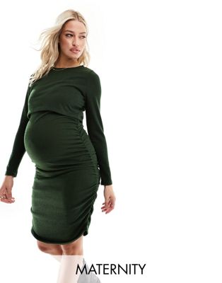 Темно-зеленое платье миди со сборками по бокам для кормящих мам Mamalicious Maternity 2 MAMALICIOUS