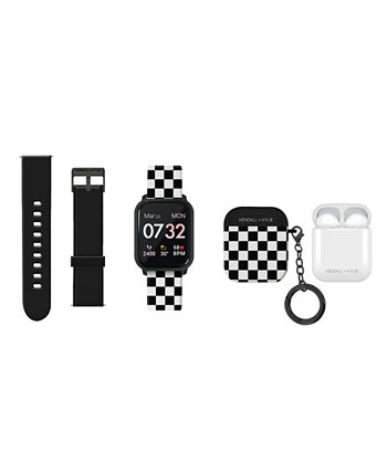 Женские смарт-часы в клетку с черным силиконовым ремешком, 34 мм, с наушниками, набор из 3 предметов KENDALL + KYLIE