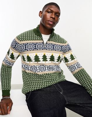 Зеленый вязаный рождественский свитер с молнией 1/4 ASOS DESIGN ASOS DESIGN