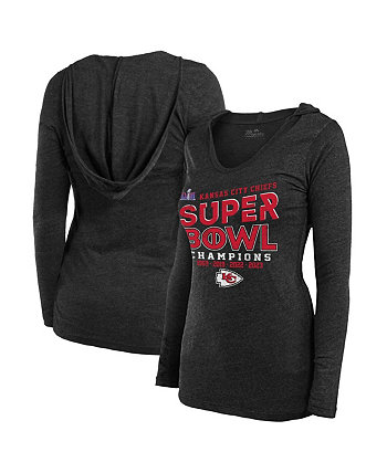 Черная женская футболка с капюшоном и длинными рукавами с v-образным вырезом Kansas City Chiefs Super Bowl LVIII Champions Loudmouth Tri-Blend и v-образным вырезом Majestic