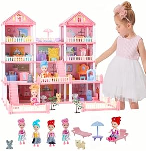 Princess Doll Houses,Dollhouse with 4-Story 11 Rooms,Doll House Playset with 4 Dolls 2 Pet,Playhouse Accessories and Furniture,Play Houses for Girls Ages 3 4 5 6 7 8 9 10 Year Old Toy Gift TTAMG