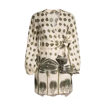Льняное мини-платье Tertulia с принтом пальм и запахом Juan de Dios