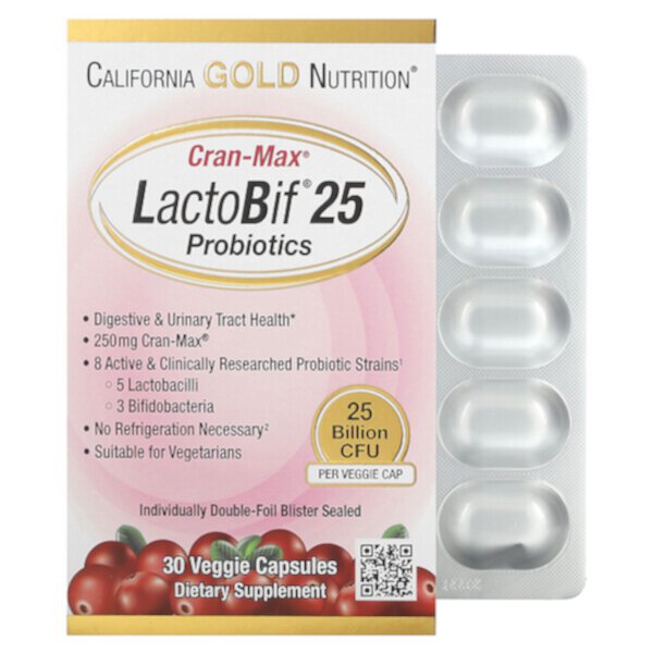 CranMax LactoBif Пробиотики, 25 миллиардов КОЕ - 30 растительных капсул - California Gold Nutrition California Gold Nutrition