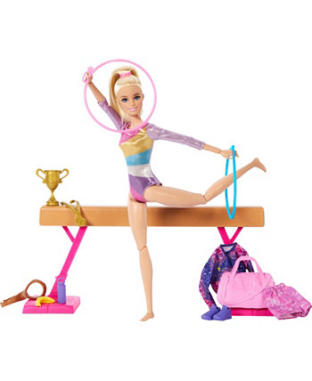 Gymnastics Play Set with Blonde Fashion Doll, Balance Beam, 10 Plus Accessories and Flip Feature Barbie