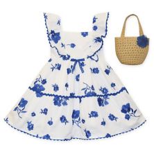 Toddler Girl Blueberi Boulevard Ruffle-Trim Tiered Floral Dress with Straw Purse Blueberi Boulevard