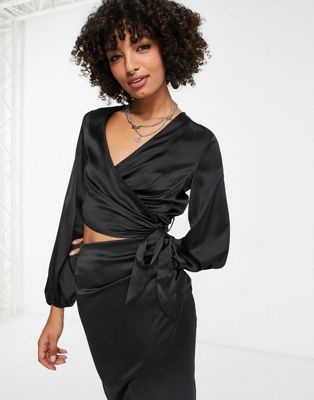 Flounce London wrap front cropped satin blouse with balloon sleeves in black - part of a set Flounce London