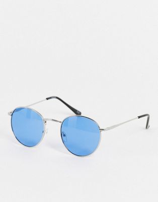 Круглые солнцезащитные очки в стиле 90-х ASOS DESIGN из серебристого металла с синими линзами - SILVER ASOS DESIGN